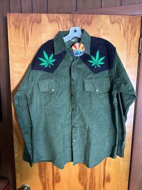 Jayli Spicoli Corduroy Snap-Up Shirt with Cannabis Leaf Embroidery